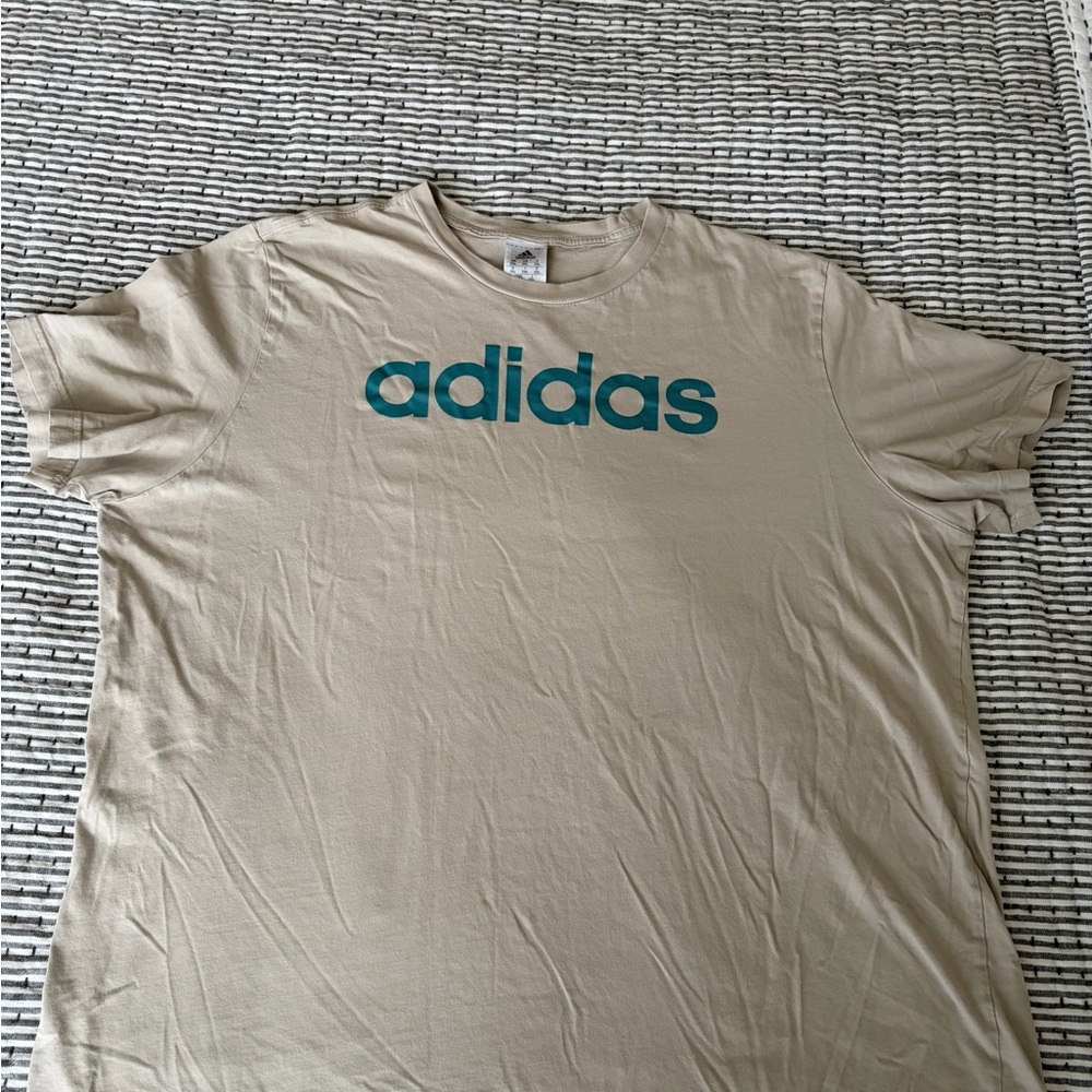 Adidas Men's Tan T-Shirt with Teal Logo